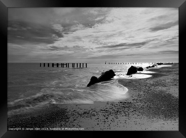Corton Beach Lowestoft Suffolk Black & White Edition  Framed Print by James Allen