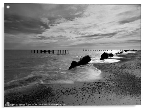 Corton Beach Lowestoft Suffolk Black & White Edition  Acrylic by James Allen
