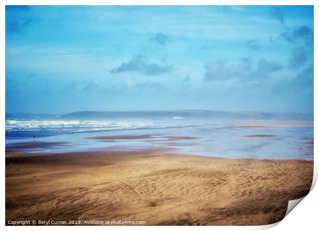 Alone on the beach at Westward Ho Print by Beryl Curran