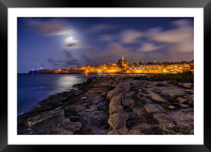 Valletta By Night From Manoel Island In Malta Framed Mounted Print by Artur Bogacki