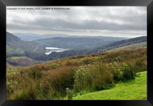 Cantref Reservoir seen from a high up layby  Framed Print by Nick Jenkins