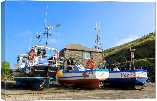 Boats on Mullion Cove slipway pulled up to avoid a storm . Canvas Print by Chris Warham