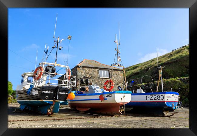 Boats on Mullion Cove slipway pulled up to avoid a storm . Framed Print by Chris Warham