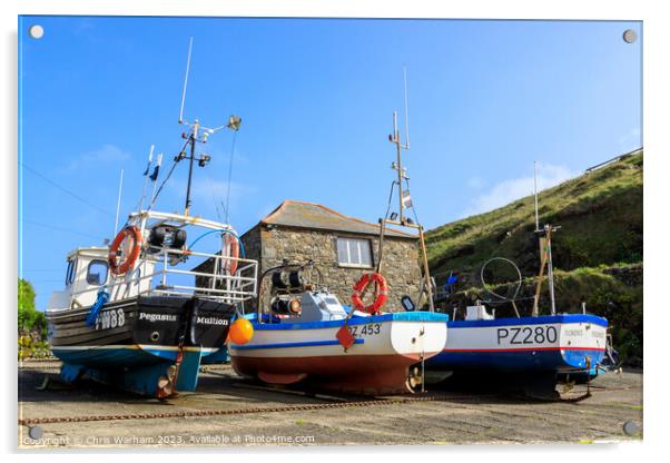 Boats on Mullion Cove slipway pulled up to avoid a storm . Acrylic by Chris Warham