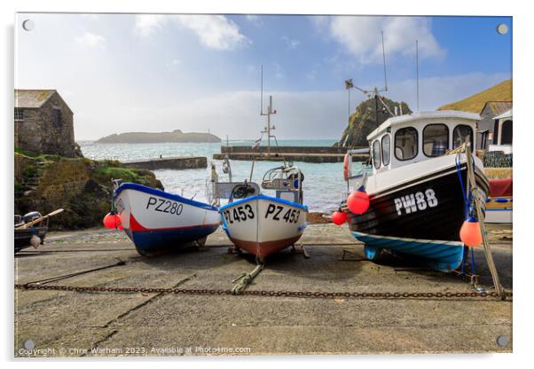 Fishing Boats in Mullion Cove pulled onto the slipway to avoid a storm . Acrylic by Chris Warham