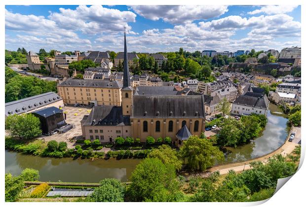 Neumünster Abbey, surrounded by Alzette river, in the Grund district of Luxembourg City Print by Chun Ju Wu