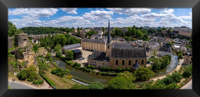 Panorama of Neumünster Abbey, surrounded by Alzette river, in the Grund district of Luxembourg City Framed Print by Chun Ju Wu