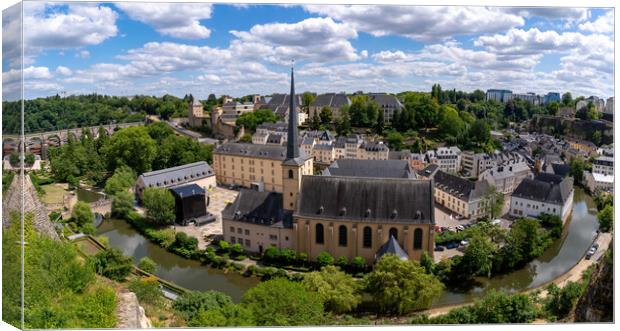 Panorama of Neumünster Abbey, surrounded by Alzette river, in the Grund district of Luxembourg City Canvas Print by Chun Ju Wu