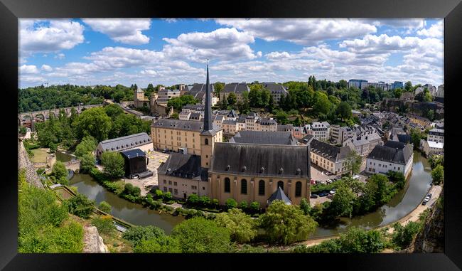 Panorama of Neumünster Abbey, surrounded by Alzette river, in the Grund district of Luxembourg City Framed Print by Chun Ju Wu