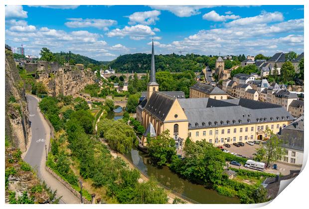 Neumünster Abbey, surrounded by Alzette river, in the Grund district of Luxembourg City Print by Chun Ju Wu