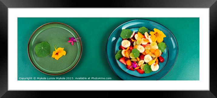 Fruit salad with nasturtium, flat lay. Framed Mounted Print by Mykola Lunov Mykola