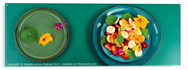 Fruit salad with nasturtium, flat lay. Acrylic by Mykola Lunov Mykola