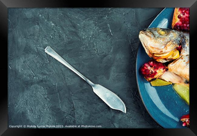 Dorado fish cooked with melon, copy space. Framed Print by Mykola Lunov Mykola