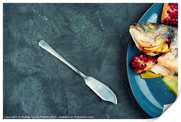 Dorado fish cooked with melon, copy space. Print by Mykola Lunov Mykola