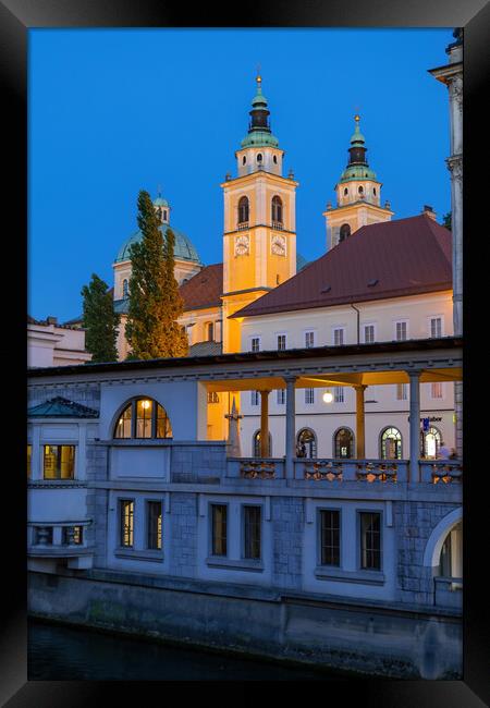 Ljubljana Cathedral and Plecnik Arcades at Dusk Framed Print by Artur Bogacki