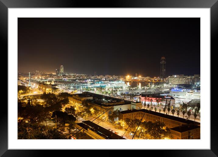 Cityscape With Port Of Barcelona At Night Framed Mounted Print by Artur Bogacki