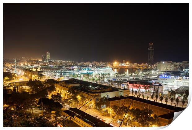 Cityscape With Port Of Barcelona At Night Print by Artur Bogacki
