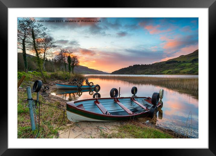 Beautiful sunrise over rowing boats at Glencar Lough Framed Mounted Print by Helen Hotson