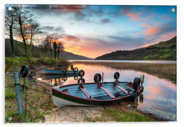 Beautiful sunrise over rowing boats at Glencar Lough Acrylic by Helen Hotson