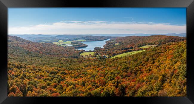 View of the fall colors of Pennsylvania to High Point Lake Framed Print by Steve Heap