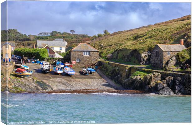 Mullion Cove slipway, lockers and harbour after a storm Canvas Print by Chris Warham