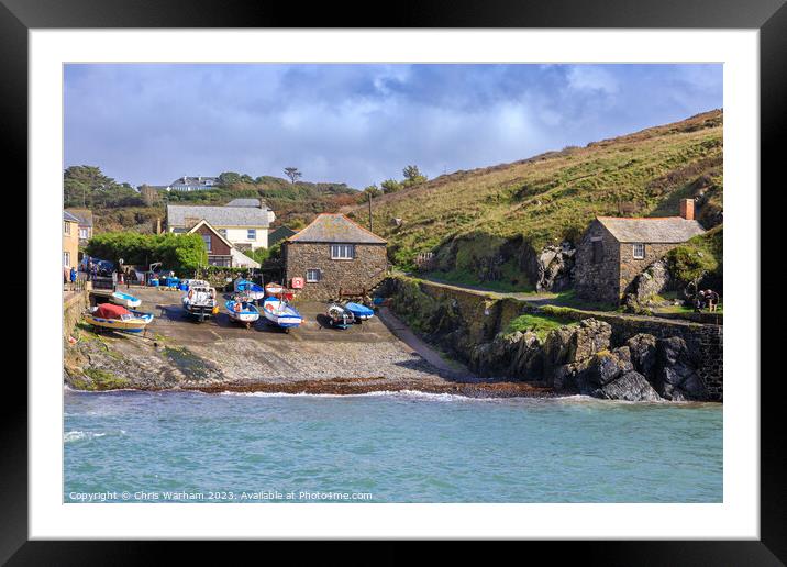Mullion Cove slipway, lockers and harbour after a storm Framed Mounted Print by Chris Warham