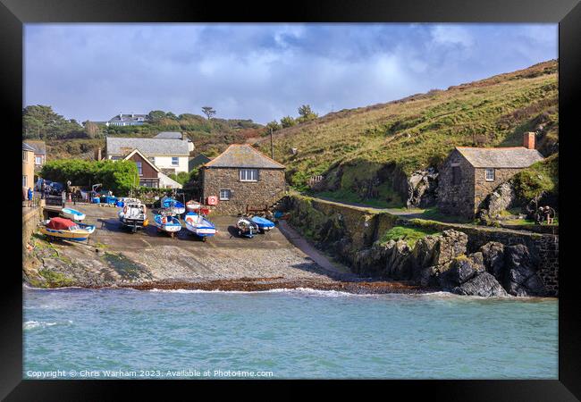 Mullion Cove slipway, lockers and harbour after a storm Framed Print by Chris Warham