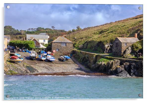 Mullion Cove slipway, lockers and harbour after a storm Acrylic by Chris Warham