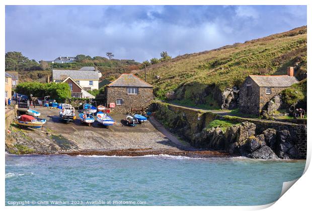 Mullion Cove slipway, lockers and harbour after a storm Print by Chris Warham