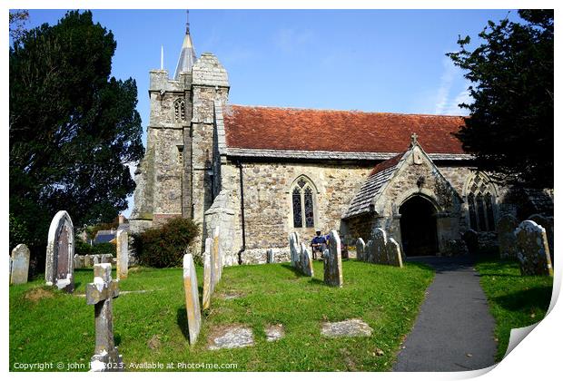 Brighstone Church and graveyard, Isle of Wight. Print by john hill