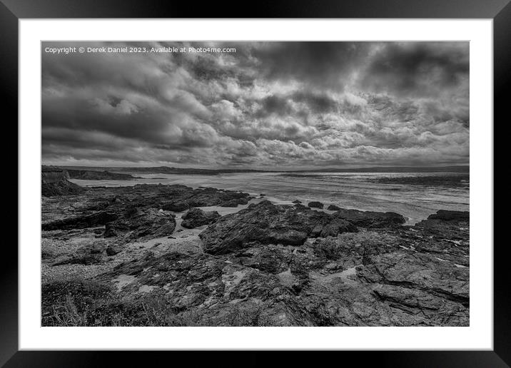 Rocky Beach At Gwithian and Godrevy (mono) Framed Mounted Print by Derek Daniel