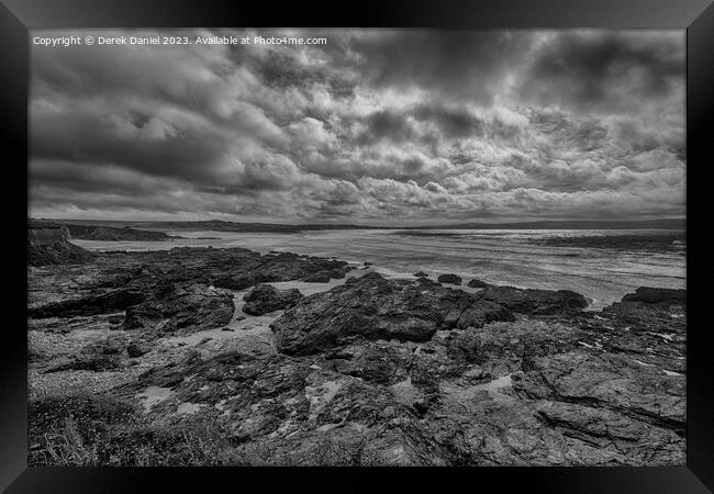Rocky Beach At Gwithian and Godrevy (mono) Framed Print by Derek Daniel