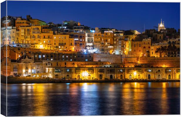 Valletta City Skyline At Night In Malta Canvas Print by Artur Bogacki