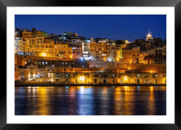 Valletta City Skyline At Night In Malta Framed Mounted Print by Artur Bogacki
