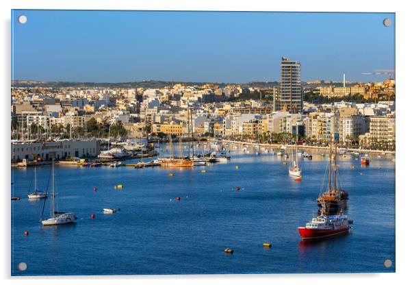 Marsamxett Harbour And Gzira Skyline In Malta Acrylic by Artur Bogacki