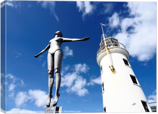 Scarborough Lighthouse and Diving Belle Statue Canvas Print by Mark Sunderland