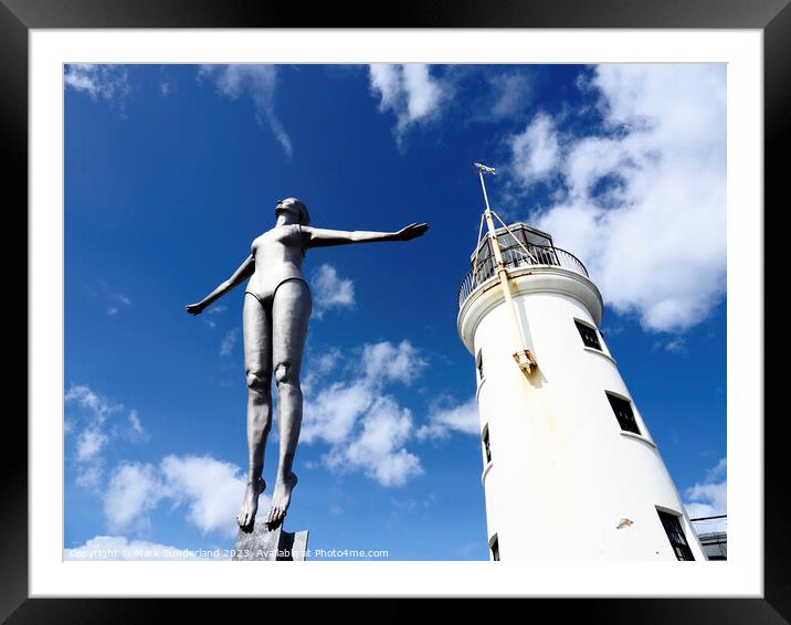 Scarborough Lighthouse and Diving Belle Statue Framed Mounted Print by Mark Sunderland