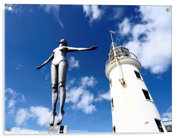 Scarborough Lighthouse and Diving Belle Statue Acrylic by Mark Sunderland