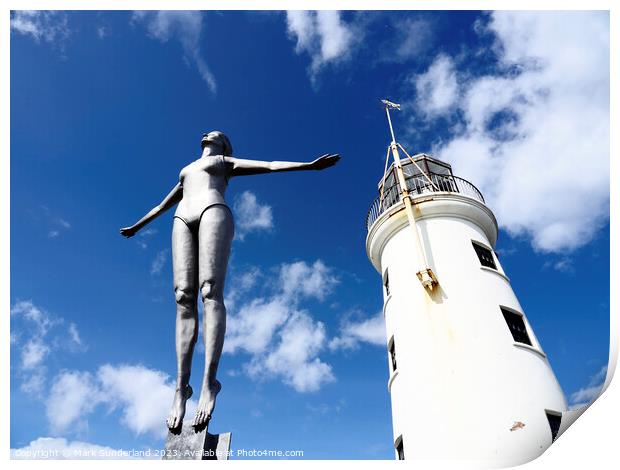 Scarborough Lighthouse and Diving Belle Statue Print by Mark Sunderland
