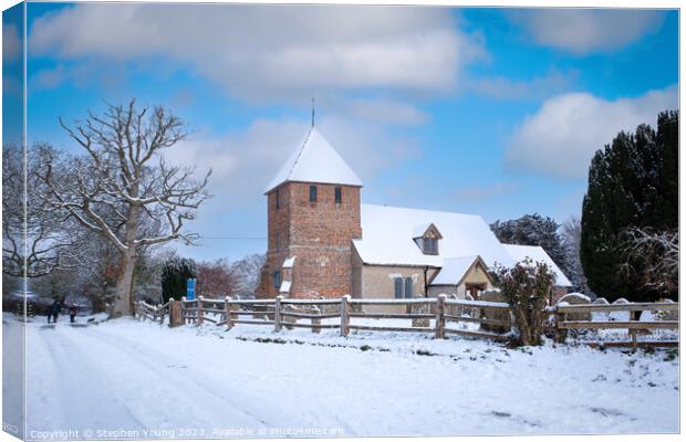Winter's Embrace: St. Peter's Church, North Hampsh Canvas Print by Stephen Young