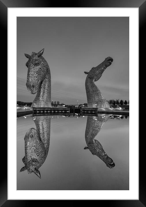 The Kelpies in black and white Framed Mounted Print by Kevin Winter