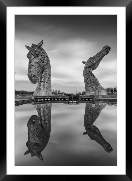 The Kelpies in black and white Framed Mounted Print by Kevin Winter
