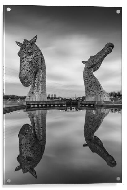The Kelpies in black and white Acrylic by Kevin Winter