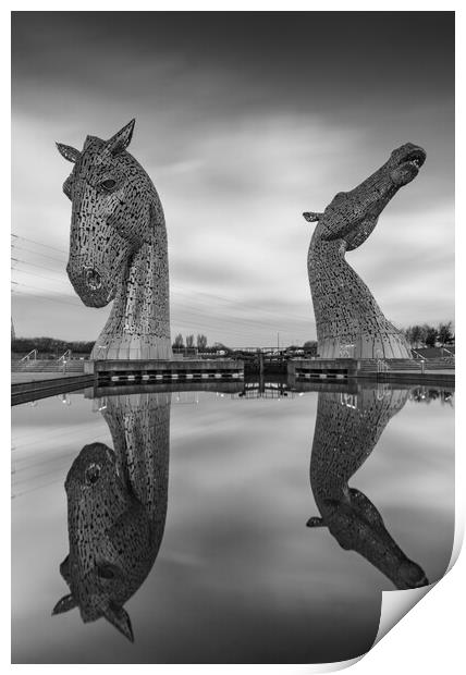 The Kelpies in black and white Print by Kevin Winter