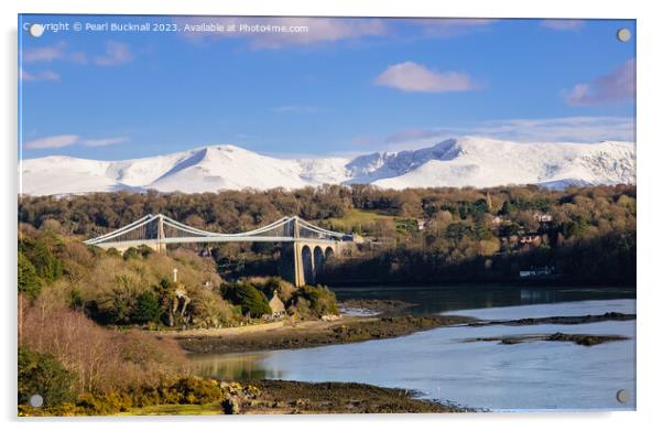 Menai Bridge and Mountains from Anglesey Acrylic by Pearl Bucknall