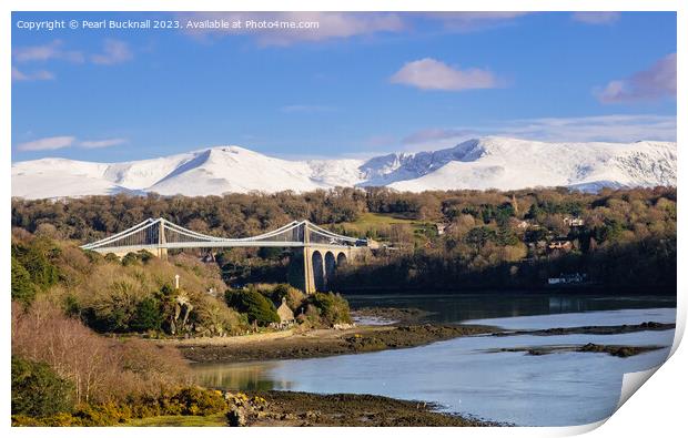 Menai Bridge and Mountains from Anglesey Print by Pearl Bucknall