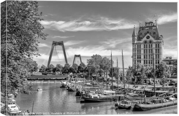 ROTTERDAM Willemsbrug and Witte Huis at historic Oude Haven | Monochrome Canvas Print by Melanie Viola