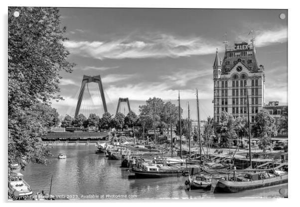 ROTTERDAM Willemsbrug and Witte Huis at historic Oude Haven | Monochrome Acrylic by Melanie Viola