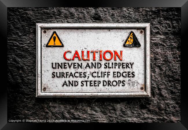 Weathered Caution: Sign of the Sea Wall Framed Print by Stephen Young