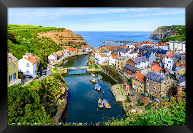 Staithes Fishing village Framed Print by Mike Shields
